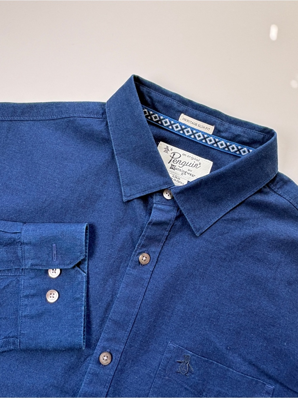 Navy Chambray Shirt Heritage Slim Fit Old Money Casual Cotton Button Down L